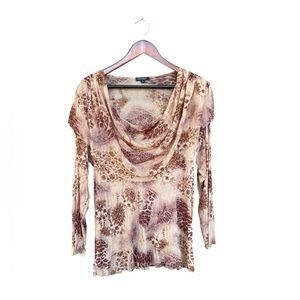Vintage Y2K Theory Animal Print Paisley Cowl Neck Mesh Blouse 1X Grunge Fairy